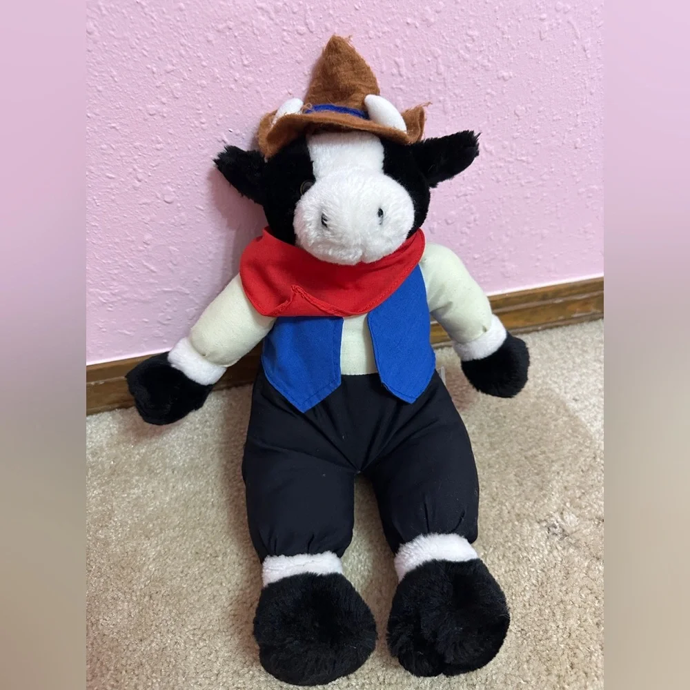 Vintage 1995 Sugar Loaf Holstein Cow Plush 14” Cowboy Western Clothing Puffy